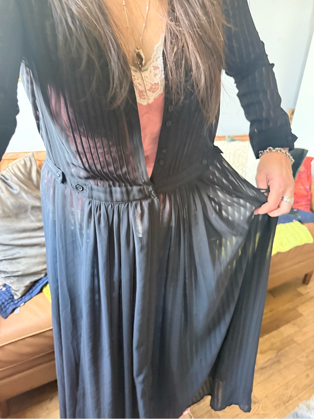 Black Pleated Button-Front Maxi Dress with slit from waist to ankle